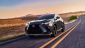 A sleek black Lexus NX driving on a winding road through a desert landscape at sunset, showcasing its stylish design and performance.